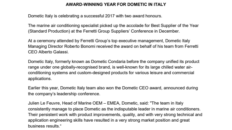 Award Winning Year for Dometic in Italy