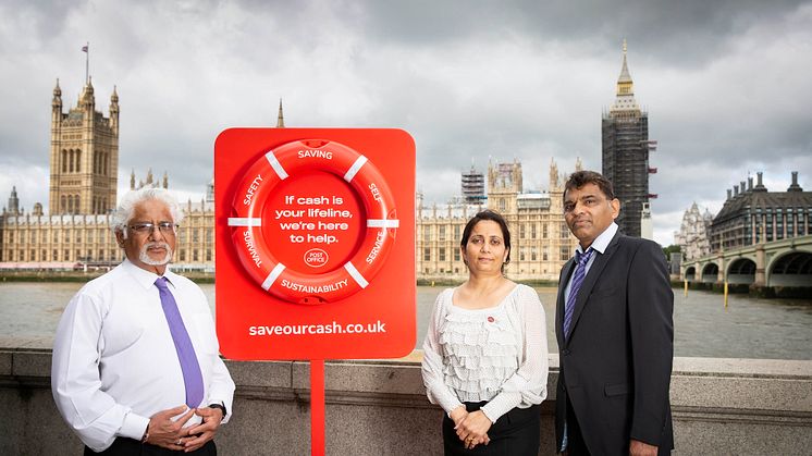 Naresh Patel (Branch Manager of Westminster Bridge Post Office), Bharti Patel (Postmaster at Churchill Place Post Office) and Subhash Patel (Postmaster at Canary Wharf Post Office) promoting 'Save Our Cash Day'