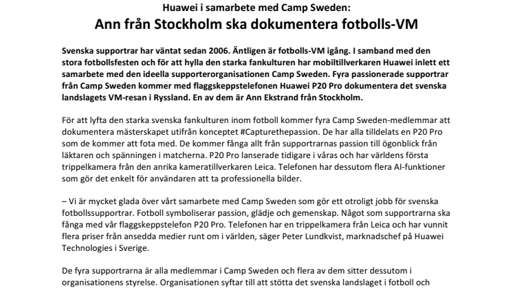Huawei i samarbete med Camp Sweden: Ann från Stockholm ska dokumentera fotbolls-VM
