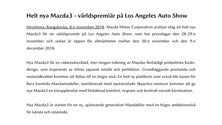Helt nya Mazda3 - världspremiär på Los Angeles Auto Show