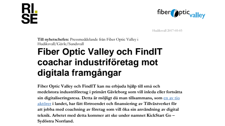 Fiber Optic Valley och FindIT coachar industriföretag mot digitala framgångar
