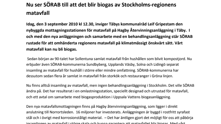 Nu ser SÖRAB till att det blir biogas av Stockholms-regionens matavfall