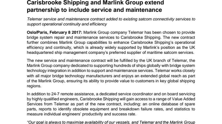 Marlink: Carisbrooke Shipping and Marlink Group extend partnership to include service and maintenance