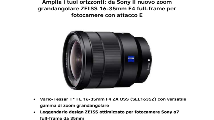 Amplia i tuoi orizzonti: da Sony il nuovo zoom grandangolare ZEISS 16-35mm F4 full-frame per fotocamere con attacco E