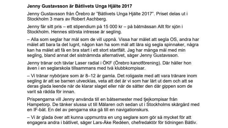Jenny Gustavsson är Båtlivets Unga Hjälte 2017