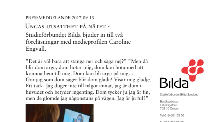 Ungas utsatthet på nätet - Studieförbundet Bilda bjuder in till föreläsningar med medieprofilen Caroline Engvall