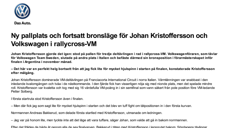 Ny pallplats och fortsatt bronsläge för Johan Kristoffersson och Volkswagen i rallycross-VM