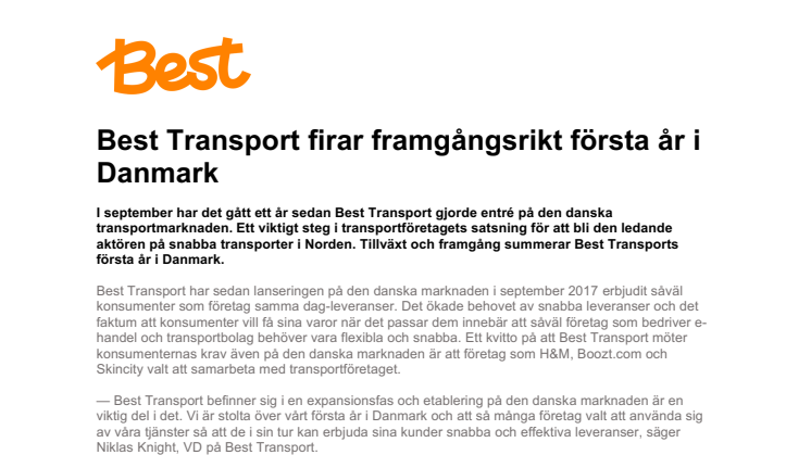 Best Transport firar framgångsrikt första år i Danmark