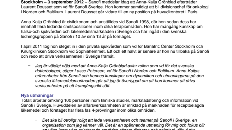 Anna-Kaija Grönblad ny vd för Sanofi Sverige