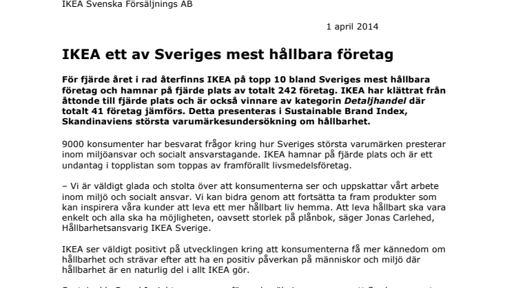 IKEA ett av Sveriges mest hållbara företag