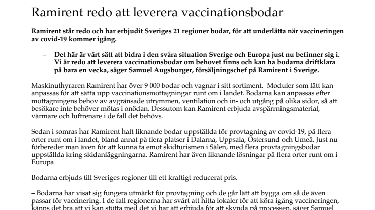 Ramirent redo att leverera vaccinationsbodar