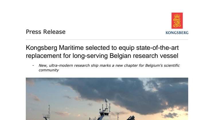 Kongsberg Maritime selected to equip state-of-the-art replacement for long-serving Belgian research vessel