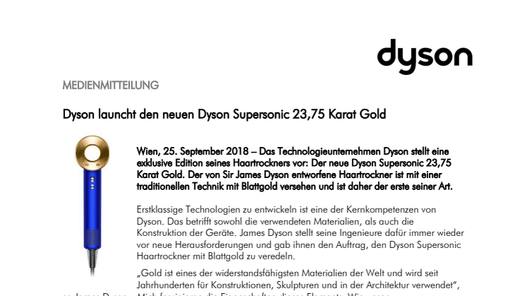 Dyson launcht den neuen Dyson Supersonic 23,75 Karat Gold