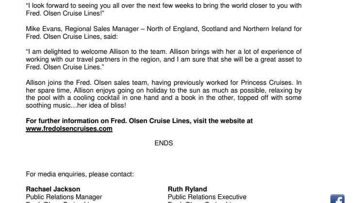 New Area Sales Executive for Scotland and Northern Ireland, Allison Graham, joins Fred. Olsen Cruise Lines