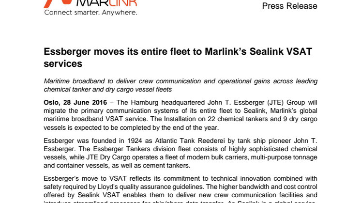 Marlink: Essberger Moves its Entire Fleet to Marlink's Sealink VSAT Services