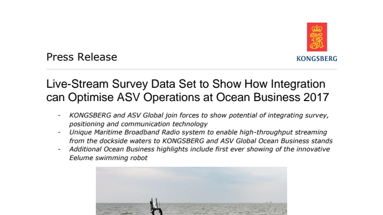 Kongsberg Maritime: Live-Stream Survey Data Set to Show How Integration can Optimise ASV Operations at Ocean Business 2017