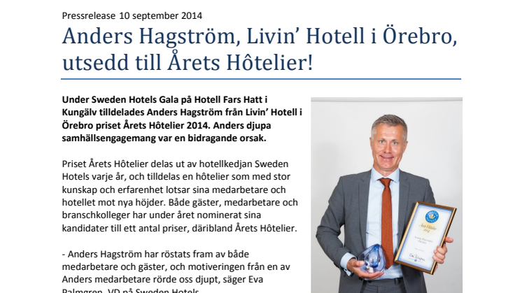 Anders Hagström, Livin’ Hotell i Örebro, utsedd till Årets Hôtelier!