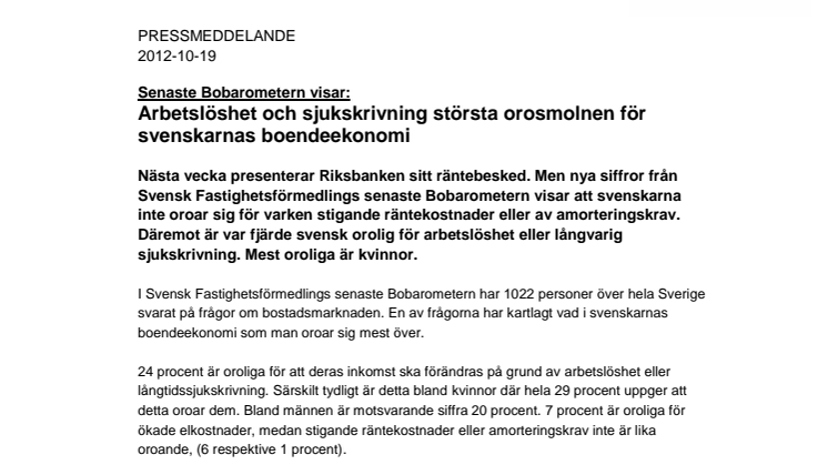 Senaste Bobarometern visar: Arbetslöshet och sjukskrivning största orosmolnen för svenskarnas boendeekonomi  