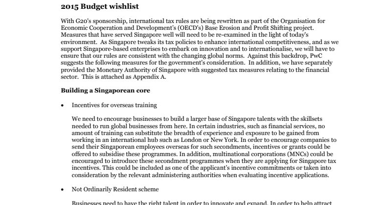 PwC's Singapore 2015 Budget wishlist