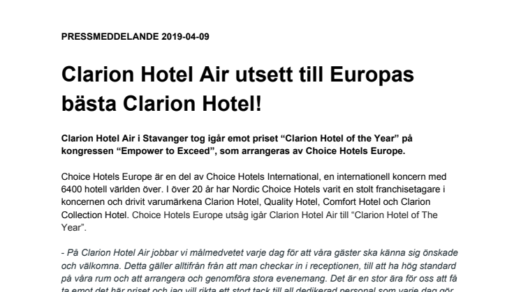 Clarion Hotel® Air utsett till Europas bästa Clarion Hotel!