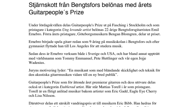 Stjärnskott från Bengtsfors belönas med årets Guitarpeople´s Prize  