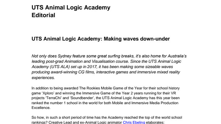 UTS Animal Logic Academy: Making waves down-under