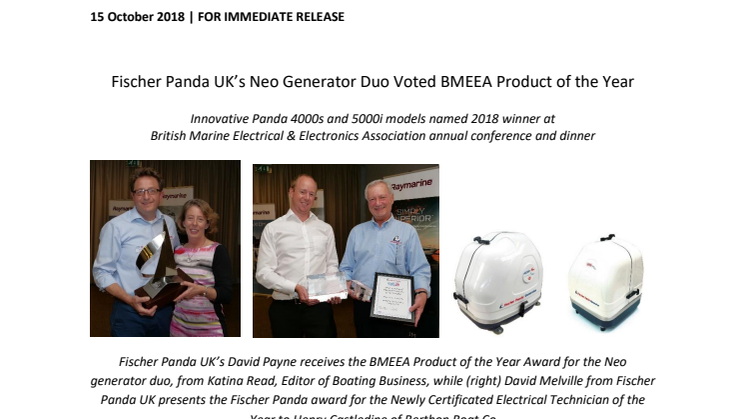 Fischer Panda UK’s Neo Generator Duo Voted BMEEA Product of the Year
