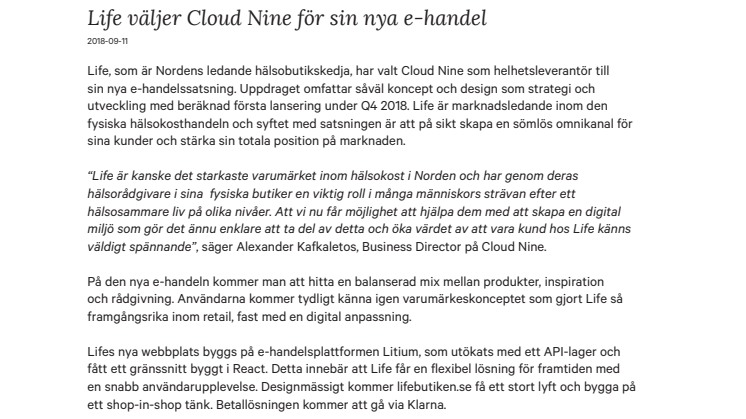 Life väljer Cloud Nine för sin nya e-handel