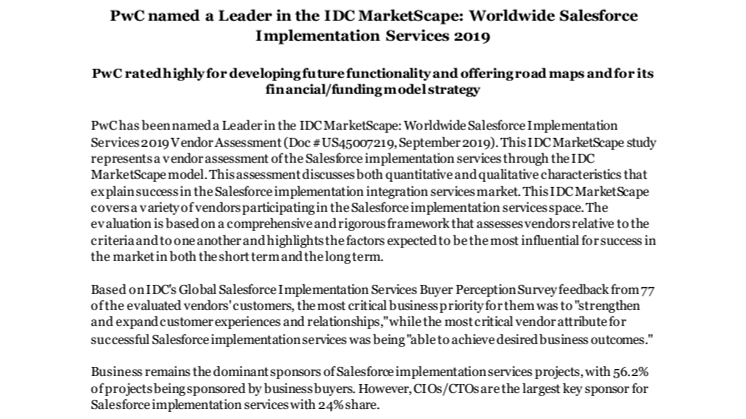 PwC named a Leader in the IDC MarketScape: Worldwide Salesforce Implementation Services 2019