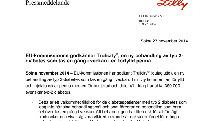 EU-kommissionen godkänner Trulicity®, en ny behandling av typ 2-diabetes som tas en gång i veckan i en förfylld penna