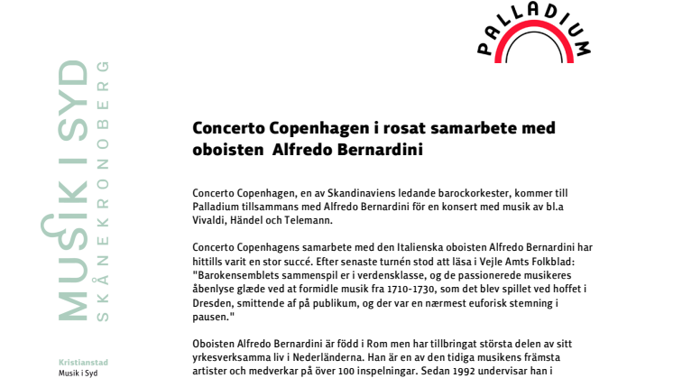 Concerto Copenhagen i rosat samarbete med oboisten Alfredo Bernardini 14 mars på Palladium i Malmö