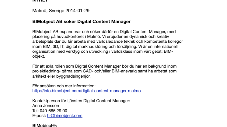 BIMobject AB söker Digital Content Manager 