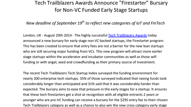 Tech Trailblazers Awards Announce "Firestarter" Bursary for Non-VC Funded Early Stage Startups