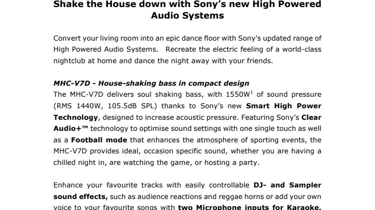 Ravistele rakenteita Sonyn uusilla tehokkailla äänentoistojärjestelmillä