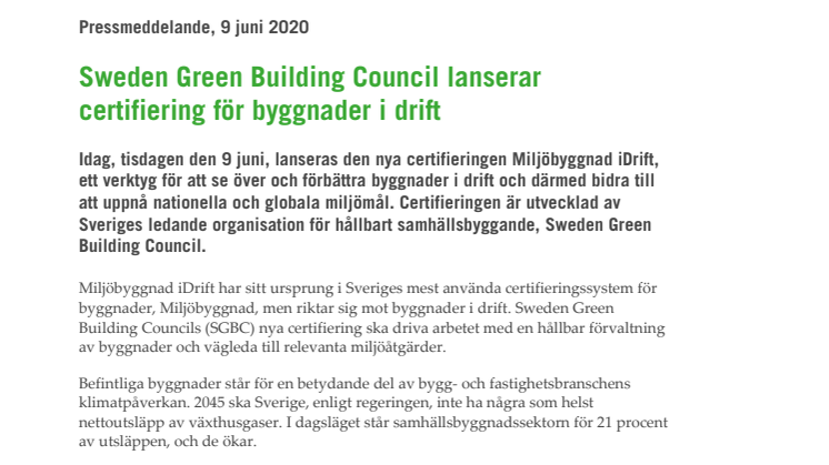 Sweden Green Building Council lanserar certifiering för byggnader i drift