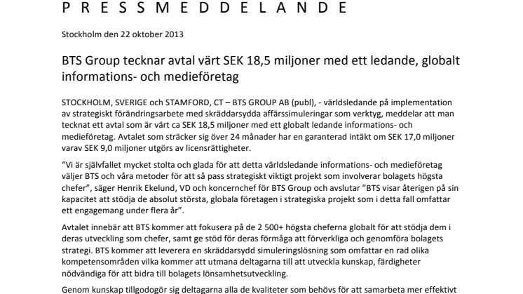 BTS Group tecknar avtal värt SEK 18,5 miljoner med ett ledande, globalt informations- och medieföretag 