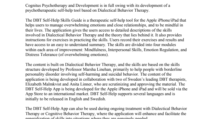 Soon to be released: A therapeutic self-help app based on Dialectical Behavior Therapy