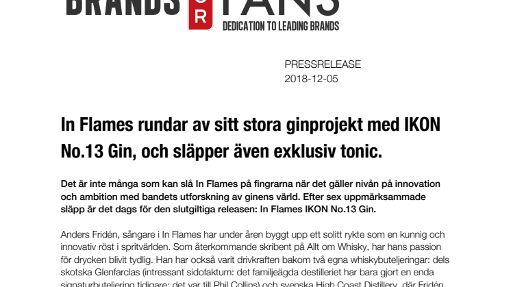 In Flames rundar av sitt stora ginprojekt med IKON No.13 Gin, och släpper även exklusiv tonic