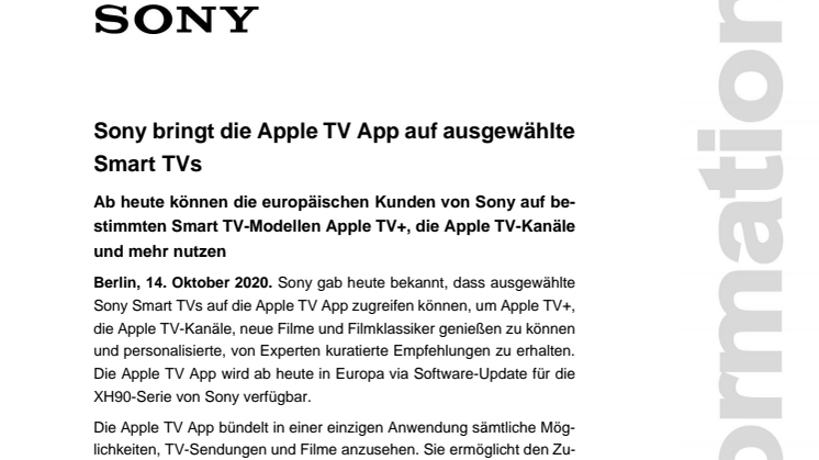 Sony bringt die Apple TV App auf ausgewählte Smart TVs