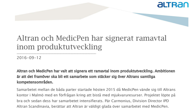 Altran och MedicPen har signerat ramavtal inom produktutveckling
