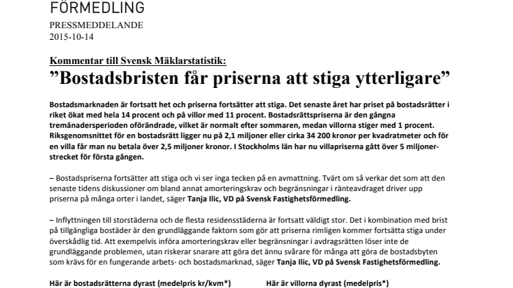 Kommentar till Svensk Mäklarstatistik: ”Bostadsbristen får priserna att stiga ytterligare”
