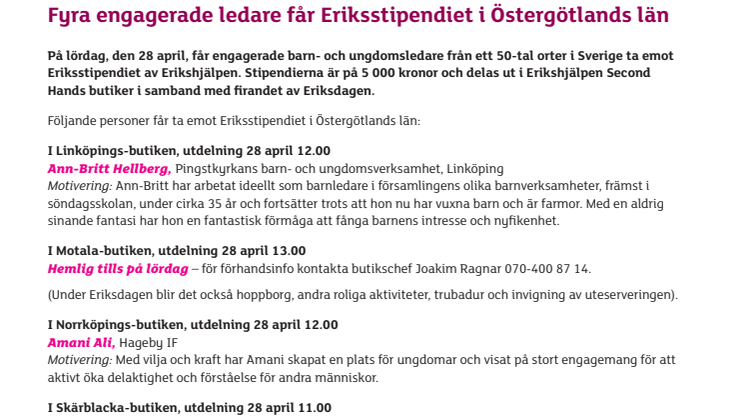 Fyra engagerade ledare får Eriksstipendiet i Östergötlands län