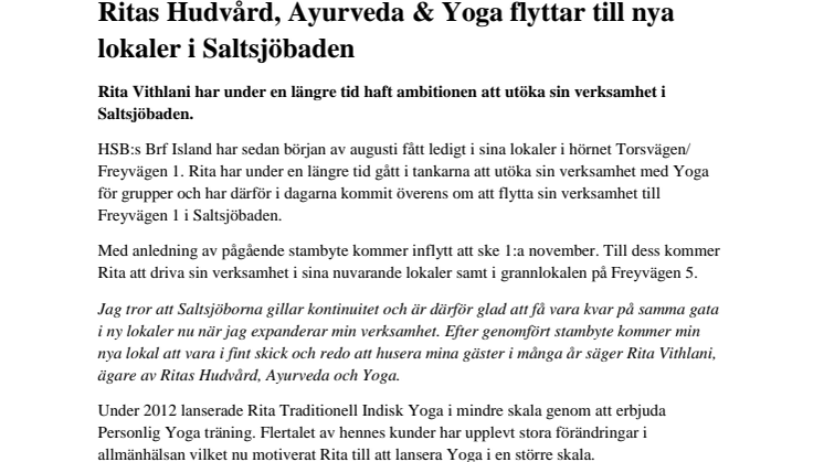 Ritas Hudvård, Ayurveda & Yoga flyttar till nya lokaler i Saltsjöbaden