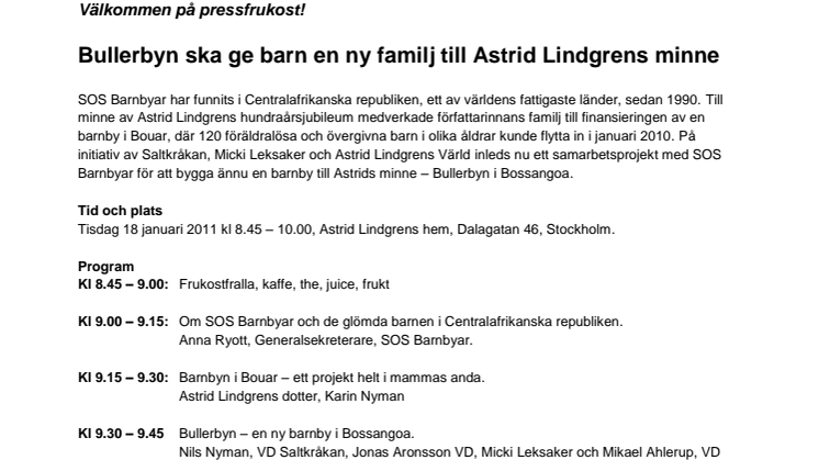 Välkommen på pressfrukost: Bullerbyn ska ge barn en ny familj till Astrid Lindgrens minne