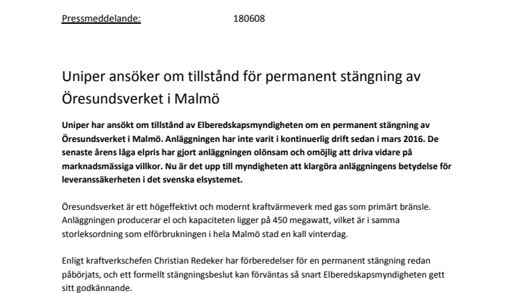 Uniper ansöker om tillstånd för permanent stängning av Öresundsverket i Malmö