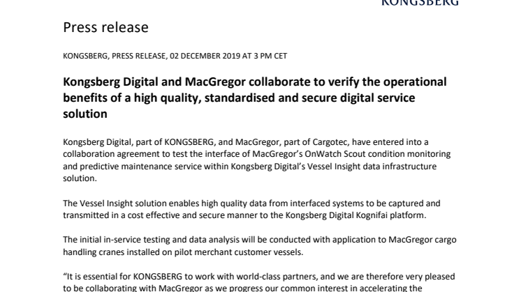 Kongsberg Digital and MacGregor collaborate to verify the operational benefits of a high quality, standardised and secure digital service solution