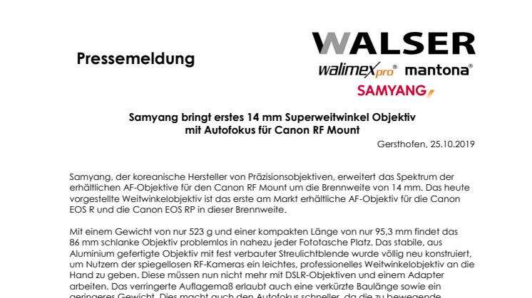 Samyang bringt erstes 14 mm Superweitwinkel Objektiv mit Autofokus für Canon RF Mount