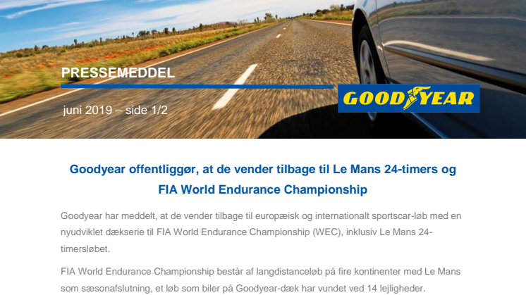 Goodyear offentliggør, at de vender tilbage til Le Mans 24-timers og FIA World Endurance Championship