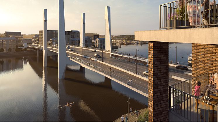 Den kommande Hisingsbron sedd från Lilla Bommen mot Frihamnen och Ringön. Bebyggelsen är bara exempel på vad som kan byggas när bron står färdig. Visionsbild: Tomorrow