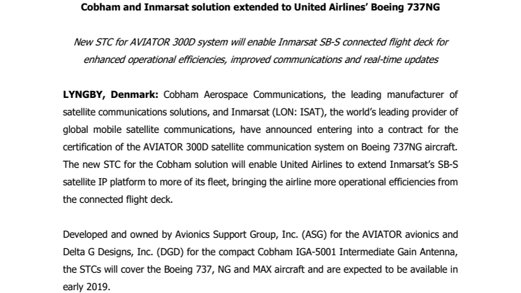 Cobham and Inmarsat solution extended to United Airlines’ Boeing 737NG